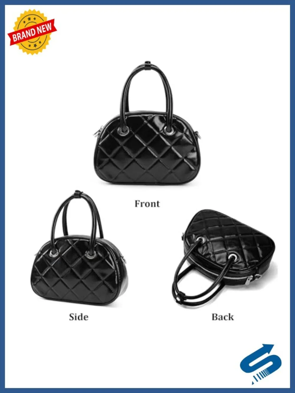 Quilted Mini Boston Bag, Glossy Vegan Leather Convertible Satchel with